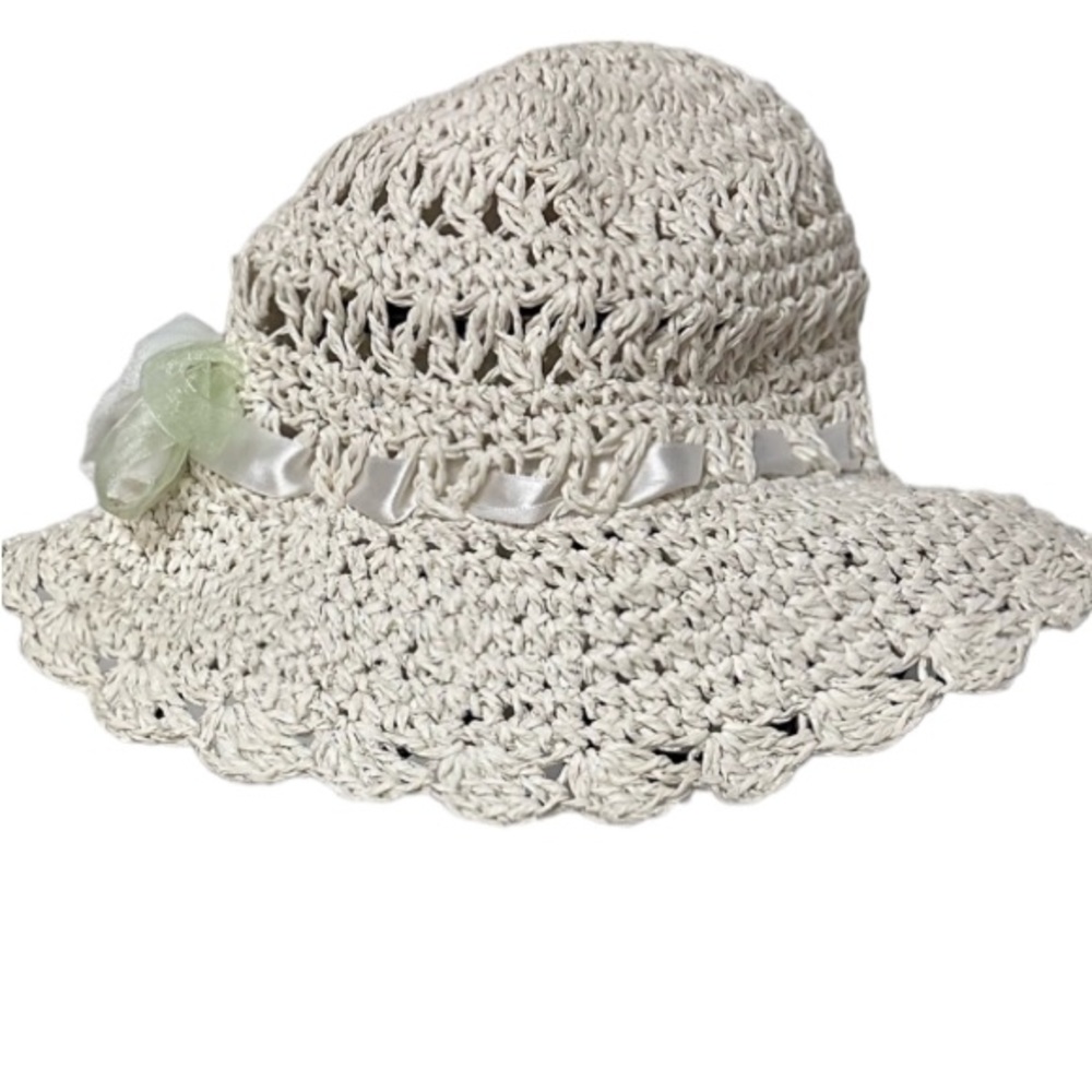NEW Cream Crochet Hat With Flower | Silk Ribbon Size O/S Fits Most NWOT - Picture 7 of 7